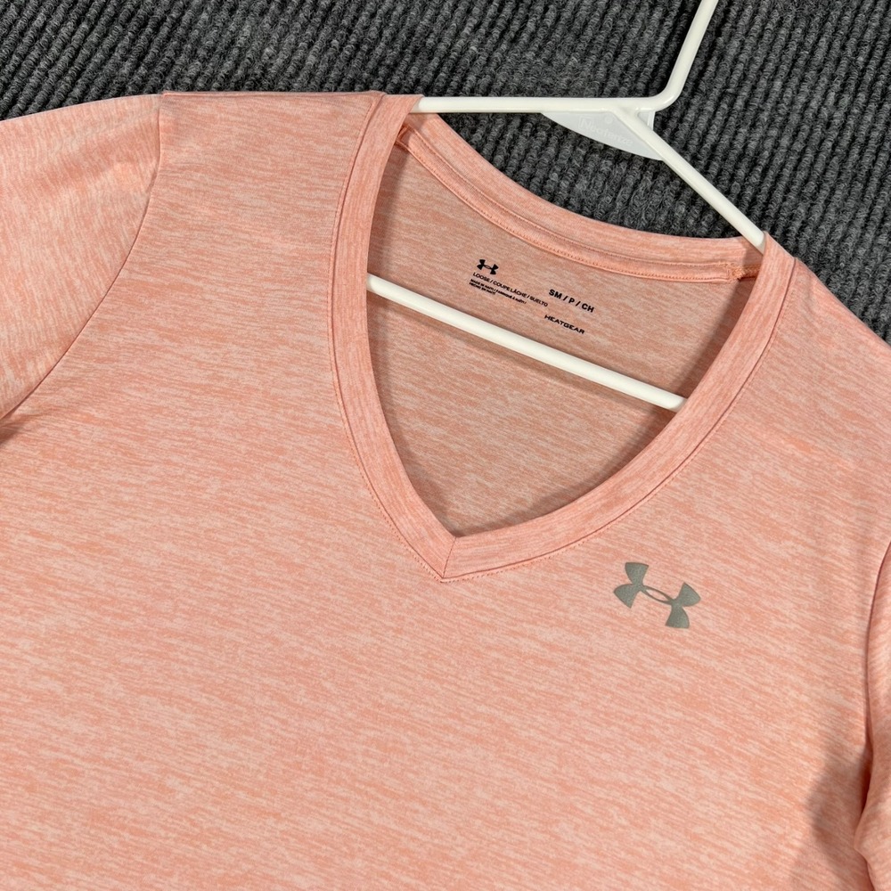 Under Armour Shirt Womens Small Pink Short Sleeve Heat Gear Loose Fit Workout